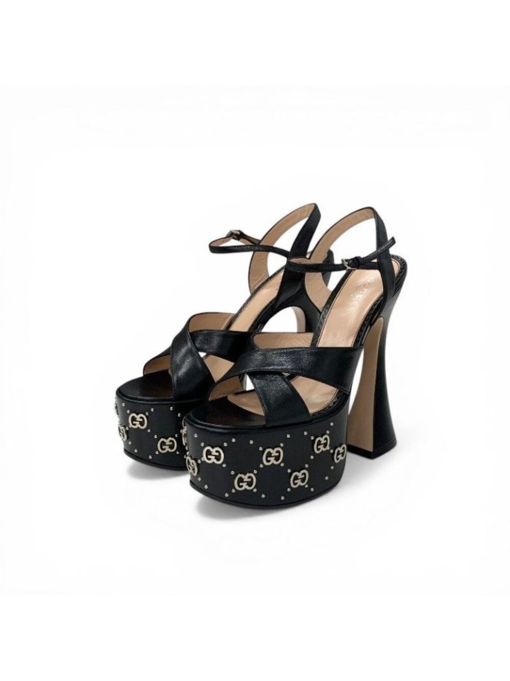 Gucci Sandals Shoes Leather Black Silver Strap Double Studs Platform